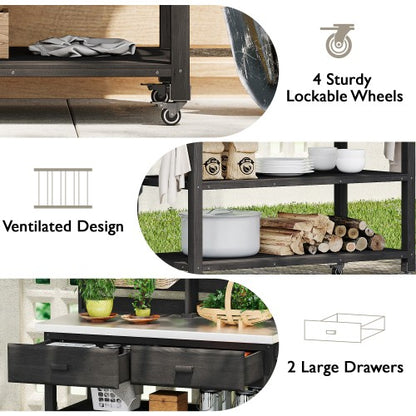 K&K 64.9"H Outdoor Potting Bench Table with Lockable Wheels, Solid Wood Outdoor Kitchen Island with Upper Hutch, Stainless Steel Top, Towel Rack ,Outdoor Storage for Grilling, Lawn Garden -Black