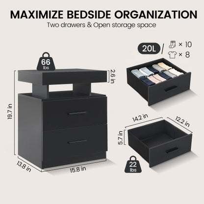 Black 2-Piece LED Nightstand Set with Fabric Drawers