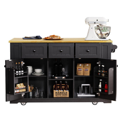 53inch Large Kitchen Island with Drop Leaf, Power Outlet, Door Internal Storage Rack, Rolling Kitchen Cart on 5 Wheels with 5 Open Side Racks for Kitchen, Dining Room,Black(Not include bar stools)
