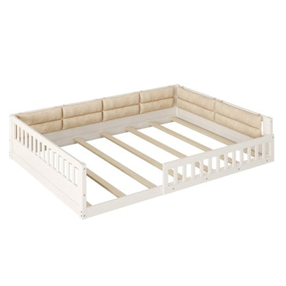 Wood Full Size Upholstered Platform Bed with Guardrail and Pillow, Beige