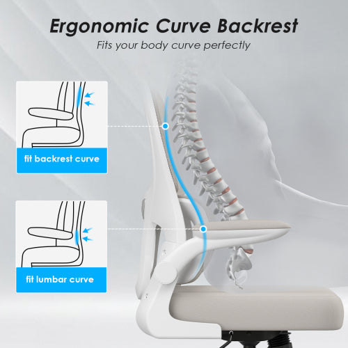 Office Chair, Mesh Ergonomic Office Chair with Lumbar Support, Comfy Computer Desk Chair with Flip Armrest Rolling Wheels for Home Study Room Office, White & Khaki