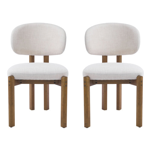 Beige Upholstered Dining Chairs Set of 2, Mid-Century Walnut Frame