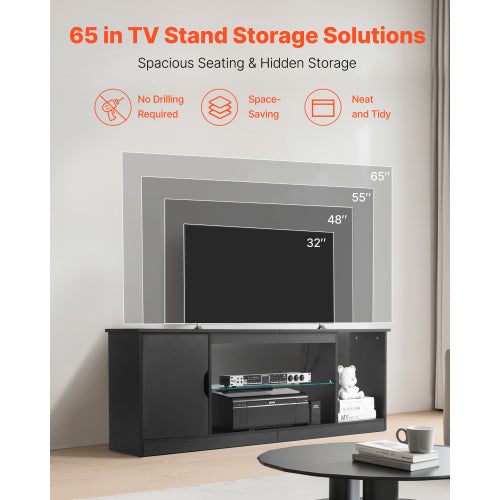 65 Inch Black Minimalist LED Light TV Stand with Tempered Glass Adjustable Storage Shelves