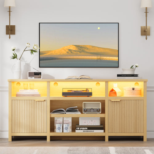 Oak Highboy LED TV Stand with Adjustable Storage Cabinets for 80 Inch TV Entertainment Center