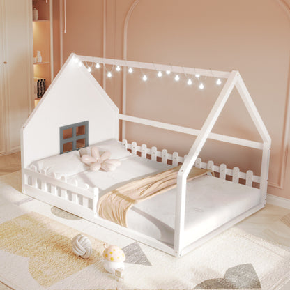 Full Size Wood House Bed with Window and Fence, White