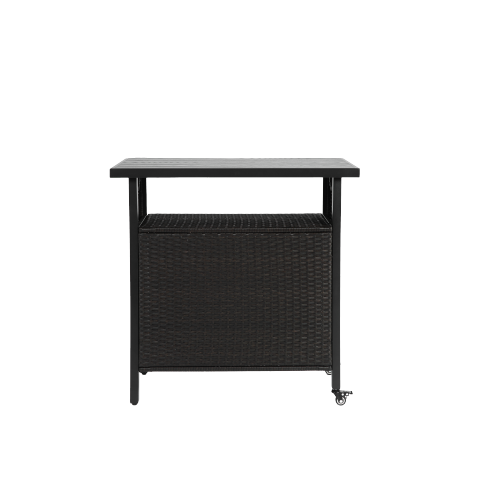 Outdoor Wicker Bar Cart, Patio Wine Serving Cart w/Wheels , Rolling Rattan Beverage Bar Counter Table w/Glass Top for Porch Backyard Garden Poolside Party, Black