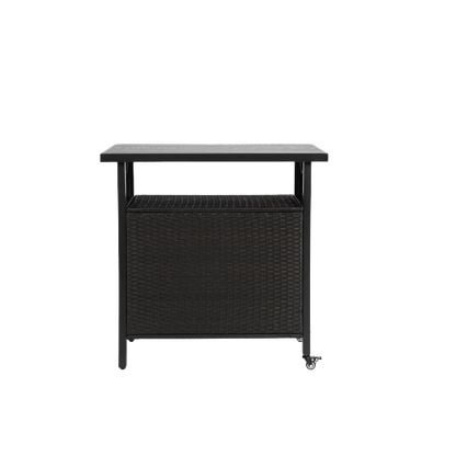 Outdoor Wicker Bar Cart, Patio Wine Serving Cart w/Wheels , Rolling Rattan Beverage Bar Counter Table w/Glass Top for Porch Backyard Garden Poolside Party, Black