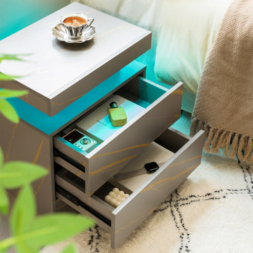 Nightstand LED Bedside Table Cabinet Lights Modern End Side with 2 Drawers for Bedroom (Grey Gold)