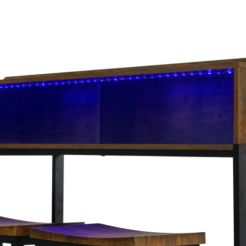 4-Piece 59inch  Bar Table Set with LED Light & Outlet, MDF Table & 3 Saddle Stools for Living Room