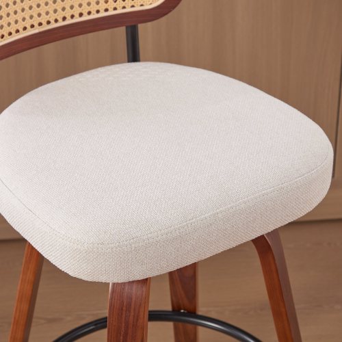 Set of 3, 26-Inch Counter Height Bar Stools - Walnut Black, Cane Rattan Back, Beige Linen Upholstered Seat, Swivel Design for Kitchen Island/Bar/Counter