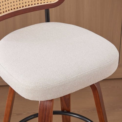 Set of 3, 26-Inch Counter Height Bar Stools - Walnut Black, Cane Rattan Back, Beige Linen Upholstered Seat, Swivel Design for Kitchen Island/Bar/Counter