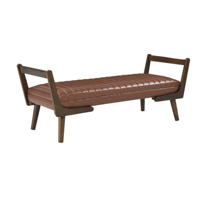 52 inch Cognac PU Mid-Century Bench Ottoman, Walnut Wood Leg Water-Resistant Footrest, 300 LBS for Bed End & Entryway