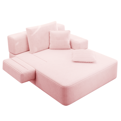 Oversized Baby Pink Corduroy Convertible Sofa Bed w/Storage Pockets