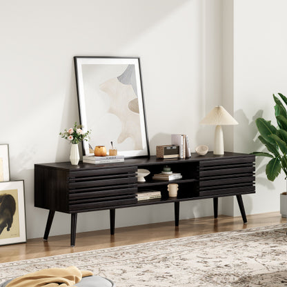 Mid Century Modern 70 inch TV Stand with Fluted Wood Storage Cabinet