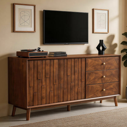 56 Inch Walnut Brown Mid Century TV Stand Sideboard with 3 Drawers & Double Door Storage Cabinet