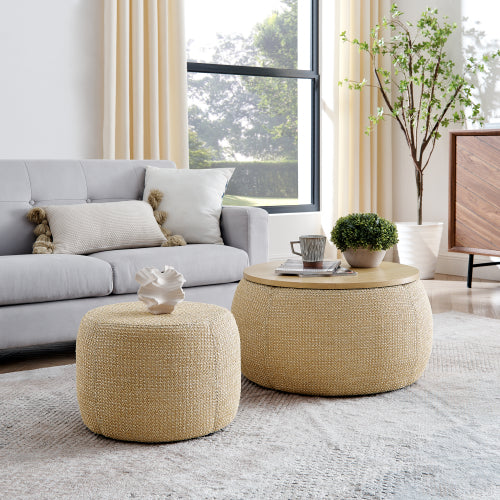Natural Rattan Fabric Round Storage Ottoman with Inner Stool, 2 in 1 Footrest & Side Table, 25 inch x25 inch x14.7 inch