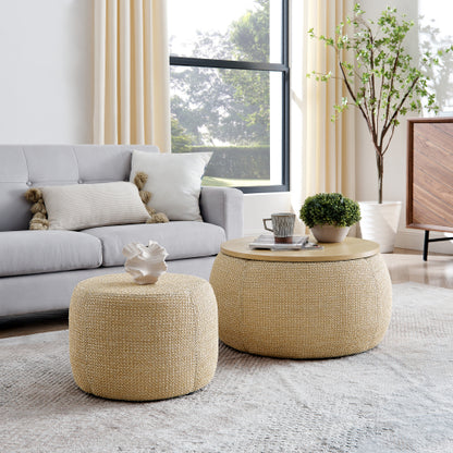 Natural Rattan Fabric Round Storage Ottoman with Inner Stool, 2 in 1 Footrest & Side Table, 25 inch x25 inch x14.7 inch