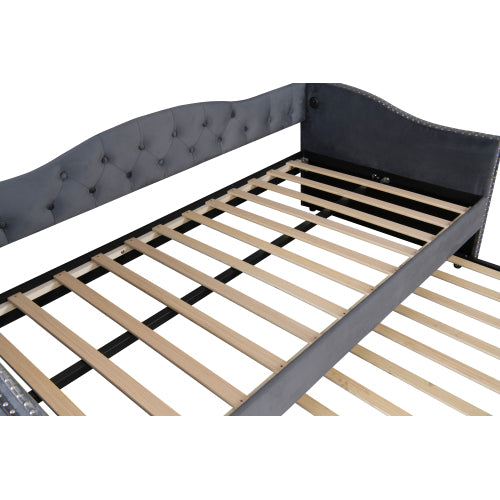 Twin Size Upholstered Daybed with Trundle and USB Charging Design, Sturdy Wood Slat Support, Wood Bed Frame for Bedroom/Guestroom/Dorm,Plush Velvet Fabric,Gray
