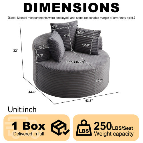 43 inch  Round Corduroy Single Lounge Chair, Minimalist Style with 3 Pillows