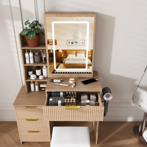 Modern LED Vanity Desk with 4 Drawers & Open Shelves, Built-In Outlet, Hair Dryer Holder & Dressing Chair, Black