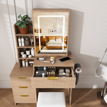 Modern LED Vanity Desk with 4 Drawers & Open Shelves, Built-In Outlet, Hair Dryer Holder & Dressing Chair, Black