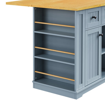 53inch Large Kitchen Island with 2 Bar Stools,Power Outlet,Door Internal Storage Rack,Kitchen Storage Cart on 5 Wheels with Drop Leaf,5 Open Side Racks,3 Drawers,Grey Blue (Three Packages)