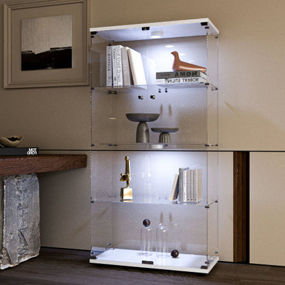 White Tempered Glass Display Cabinet With Remote Control Light & Lockable Casters