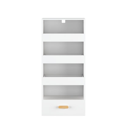 4-Tier Bookshelf with Sliding Drawers and Bottom Drawer