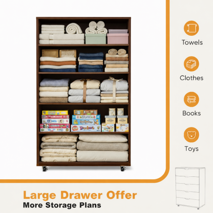 5 Drawer Dresser on Wheels Dark Brown Rolling Chest of Drawers Mobile Storage Cabinet for Bedroom Closet, Wide Drawer Organizer, 30.71" W x 15.75" D x 44.49" H