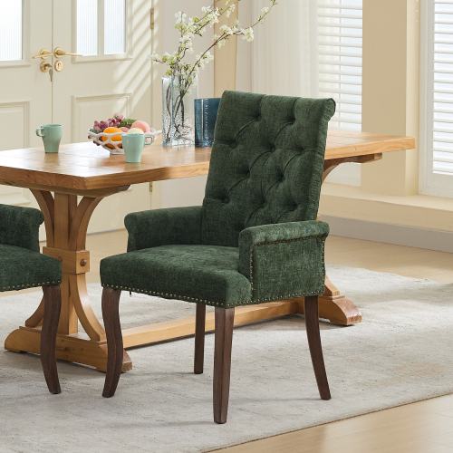 Single Olive Green Chenille Tufted Arm Dining Chair, Curved Hand Sanded Solid Wood Legs 300lbs Capacity