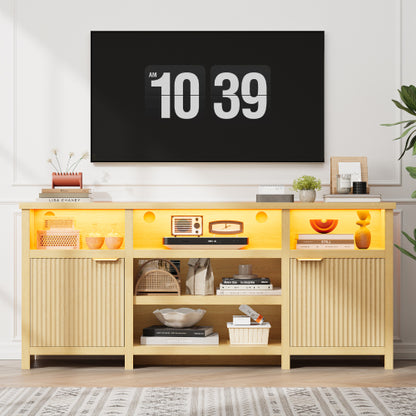 Oak Highboy LED TV Stand with Adjustable Storage Cabinets for 80 Inch TV Entertainment Center