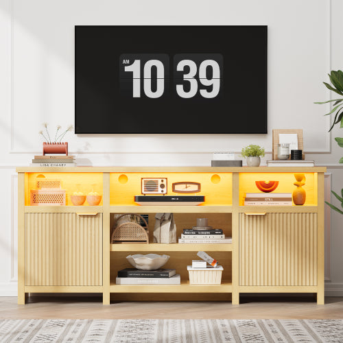 Oak Highboy LED TV Stand with Adjustable Storage Cabinets for 80 Inch TV Entertainment Center