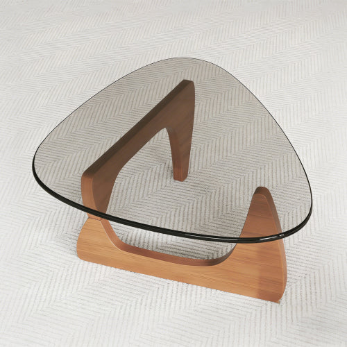 35.8 Inch Mid Century Glass Coffee Table, Walnut Base Modern Accent Table for Living Room Bedroom & Office