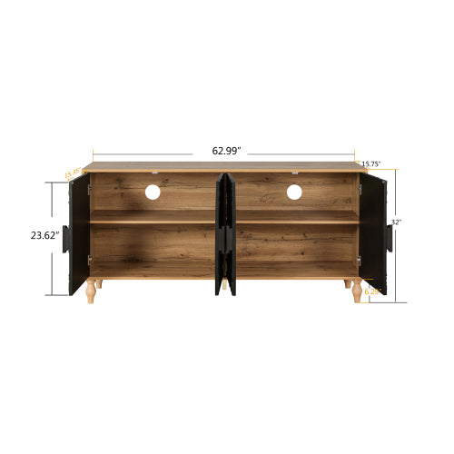 Black Carved Symmetrical Door TV Stand Wood Frame Storage Cabinet for Living Room Entryway