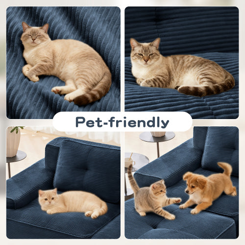 82 inch  Blue Corduroy L-Shape Modular Sofa, Movable Ottoman, No Assembly
