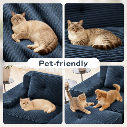 82 inch  Blue Corduroy L-Shape Modular Sofa, Movable Ottoman, No Assembly