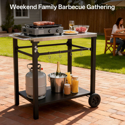 2-Tier Outdoor Grill Cart with Stainless Steel Top, Large Wheels & Tool Hooks, Movable BBQ Prep Table, Rolling Serving Bar Cart for Patio, Backyard, Pizza Oven Stand, Black