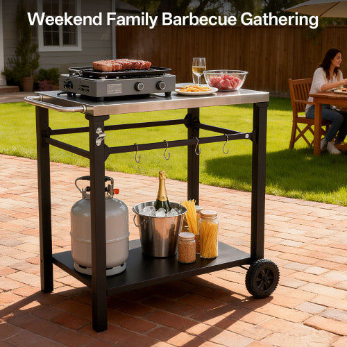 2-Tier Outdoor Grill Cart with Locking Wheels & Tool Hooks, Movable BBQ Prep Table, Rolling Serving Bar Cart for Patio, Backyard, Pizza Oven Stand, Black
