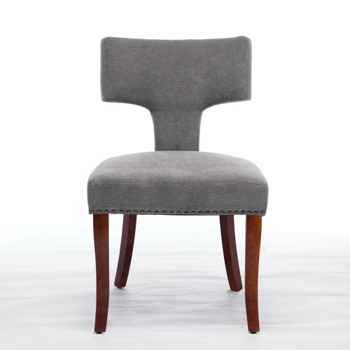 Set of 2 Gray Linen Mid-Century Farmhouse Dining Chairs, Copper Nail Curved Back Walnut Solid Wood Legs 300lbs Capacity