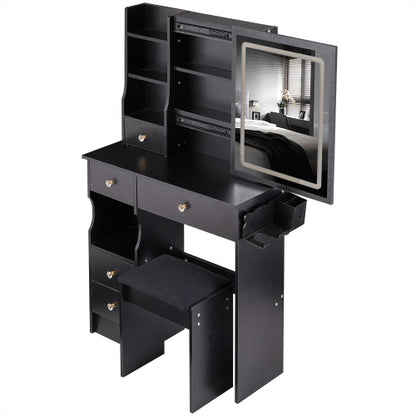 29.2" Small Size Drawer Desktop Vanity Table + Cushioned Stool, 2 AC+2 USB Power Station, Hair dryer bracket, Extra Large Touch Control Sliding LED Mirror, 3-color Switching, EPA, GCC, UL Certificate