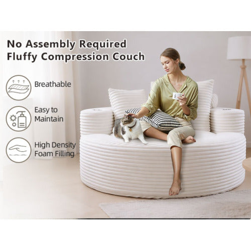 White Round Memory-Foam Sofa Bed with 3 Pillows & Cup Holder