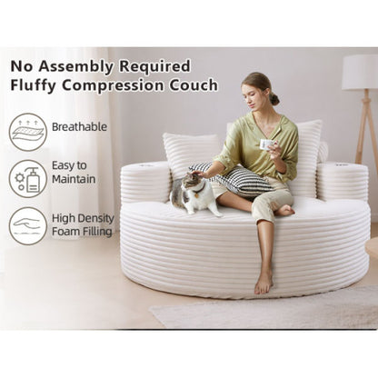 White Round Memory-Foam Sofa Bed with 3 Pillows & Cup Holder