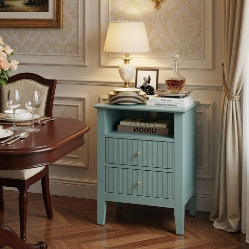 Green Fluted Nightstand with Soft-Close Drawers