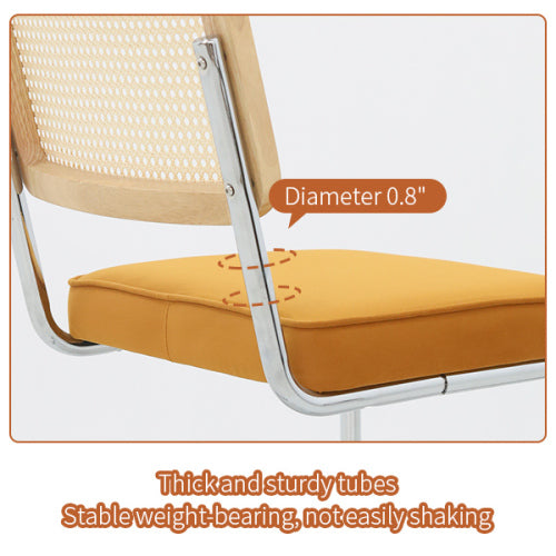 Set of 2 Orange Velvet Rattan Cantilever Dining Chairs, Chrome Tubular Steel Breuer Stackable Side Chairs