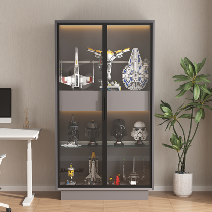 60.6'' Freestanding Grey Glass Door Display Cabinet LED Light Adjustable Shelves Home Storage Cabinet