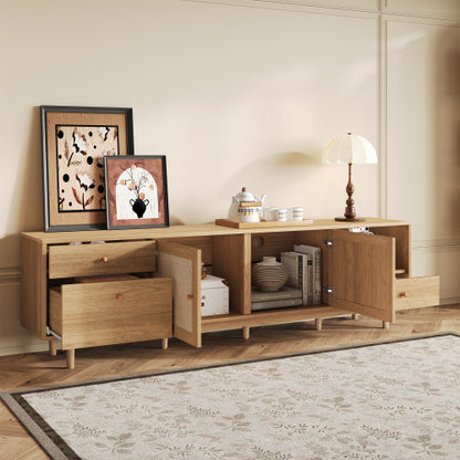 76.6 inch Natural Real Rattan TV Stand 3 Drawer Entertainment Center Fits 65¨C85 Inch TV