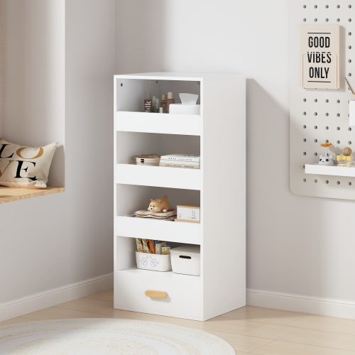 4-Tier Bookshelf with Sliding Drawers and Bottom Drawer
