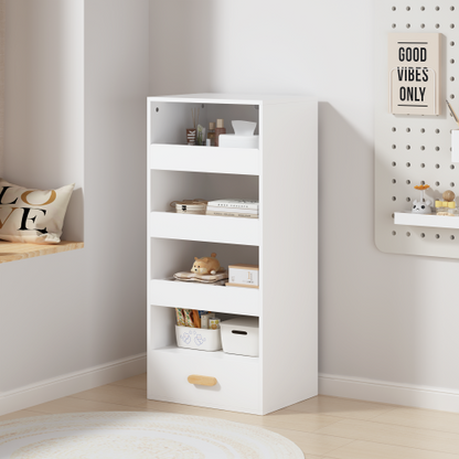 4-Tier Bookshelf with Sliding Drawers and Bottom Drawer