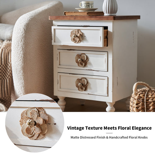 Distressed White 3-Drawer Farmhouse Nightstand