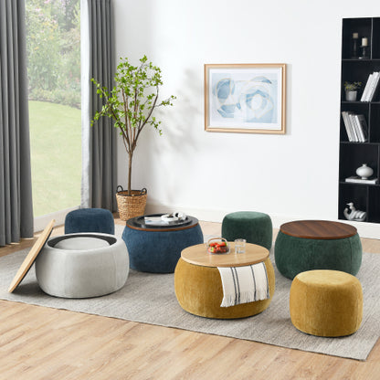 Light Grey Round Pleated Fabric Storage Ottoman with Built-In Stool, 25 inch x25 inch x14.7 inch, 250 LBS Weight Capacity